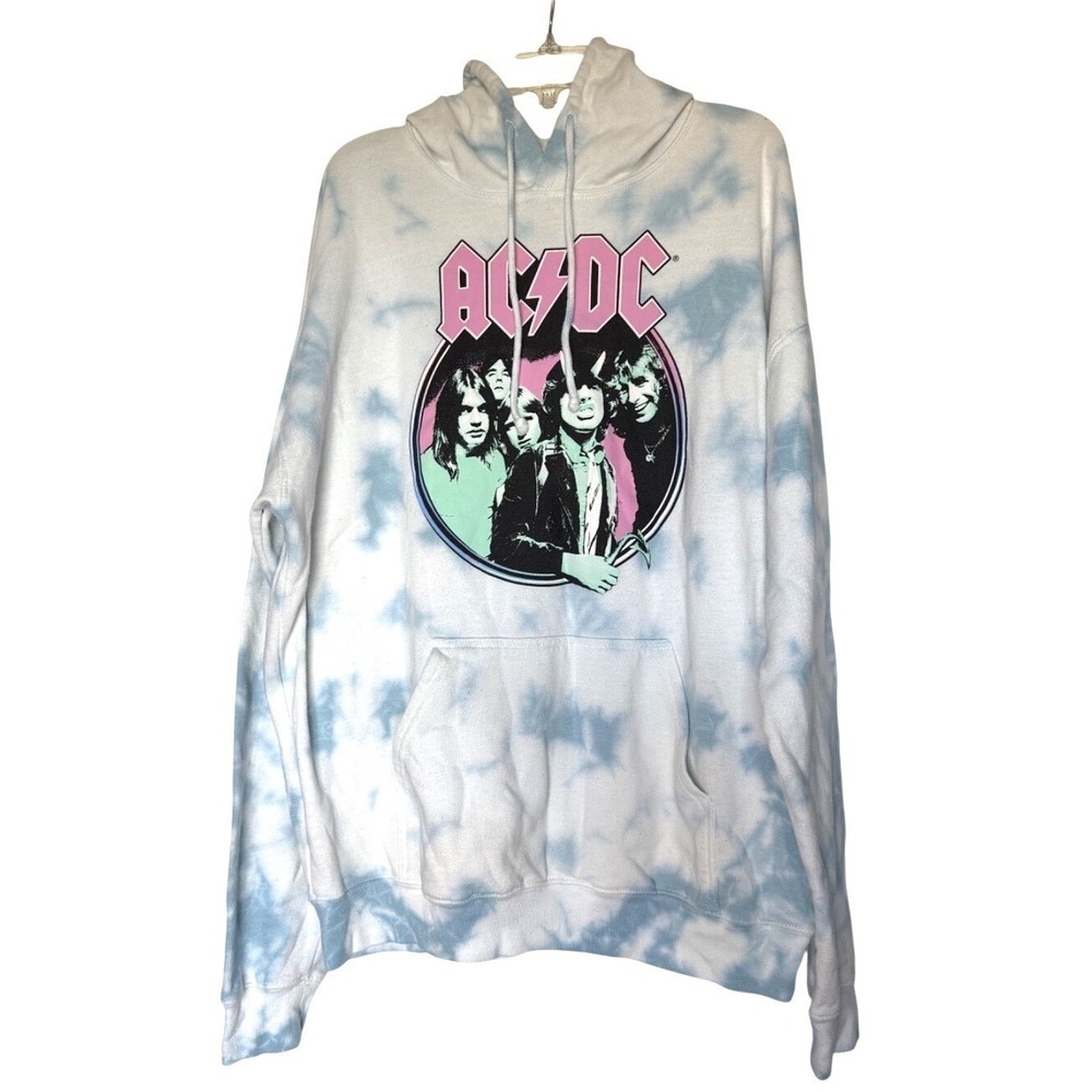 ACDC Blue Tie Dye Long Sleeve Pullover Hoodie Size L Band‎ Merch Music Shirt